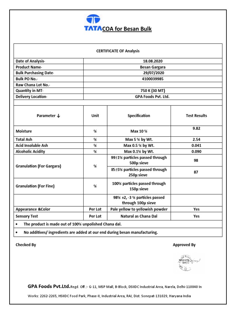 COA Format For Besan PDF Foods Materials