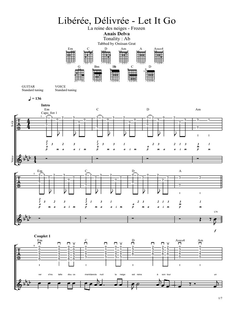 guitare tablature reine des neiges je voudrais un bonhomme de neige  fingerstyle 