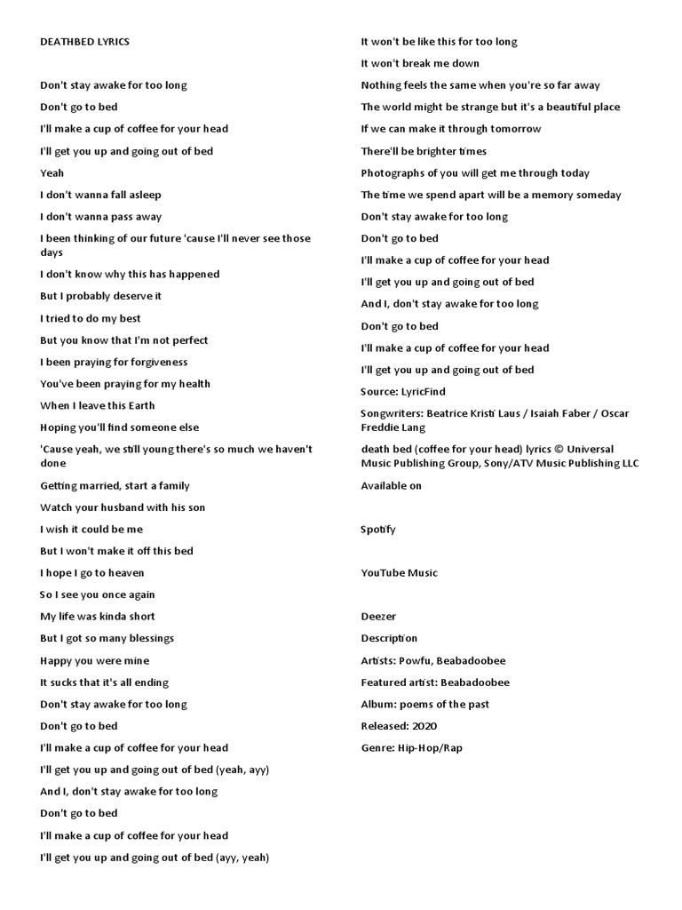 Deathbed Lyrics PDF Albums Entertainment (General)