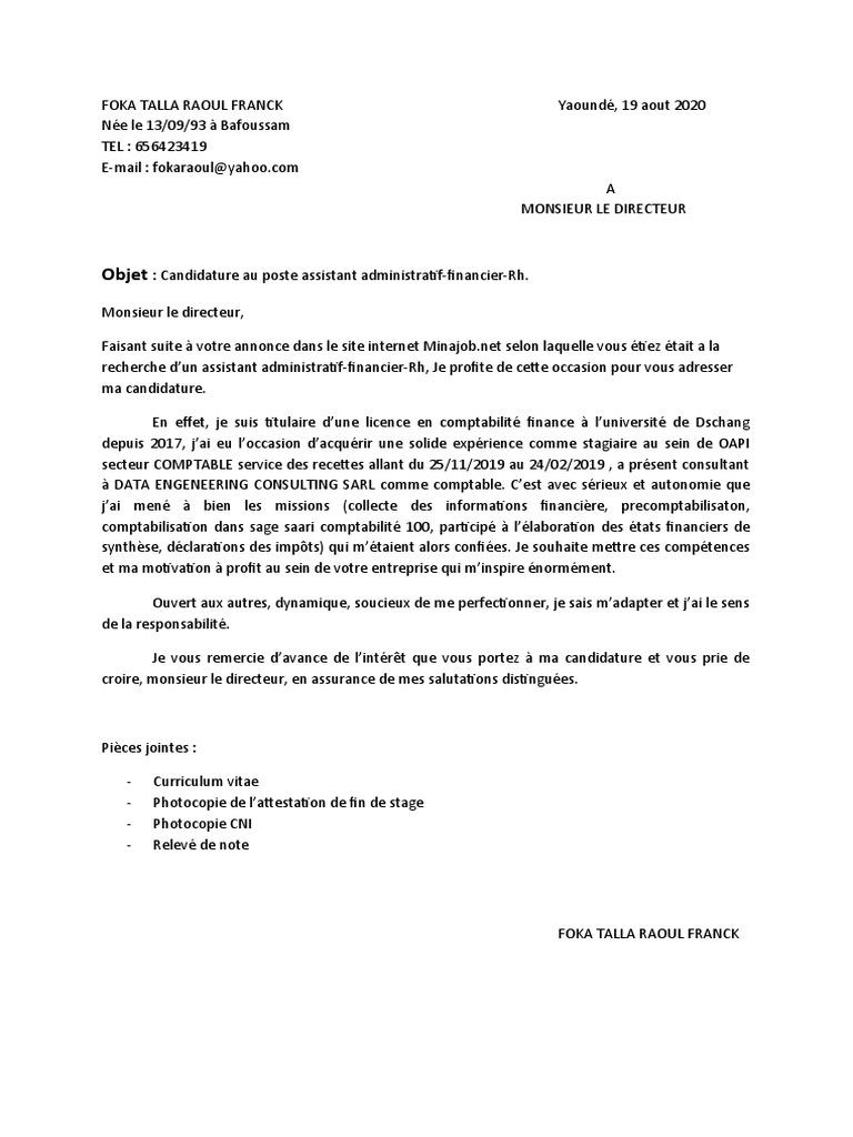 Lettres de Motivation Assistant Administratif Financier RH PDF