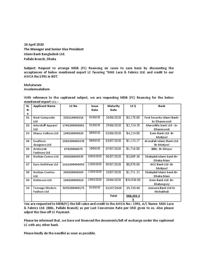 Request for MDB Financing for Export LCs | PDF | Financial Services ...