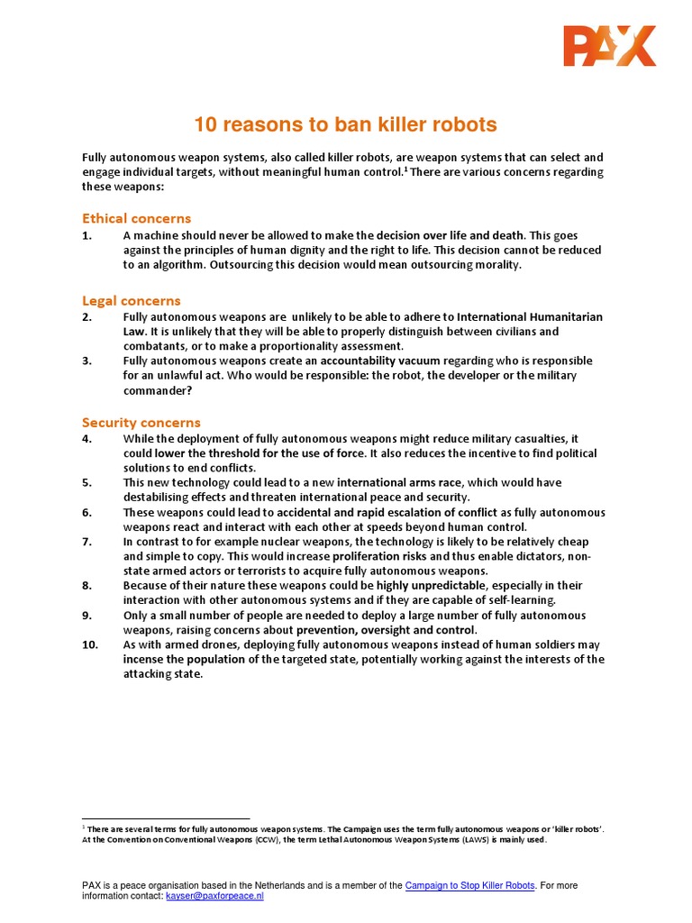 10 Reasons To Ban Killer Robots: Ethical Concerns | PDF | Policy ...