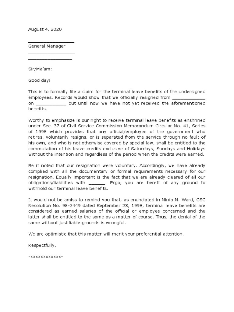 Terminal Leave Benefits Claim Letter | PDF | Law