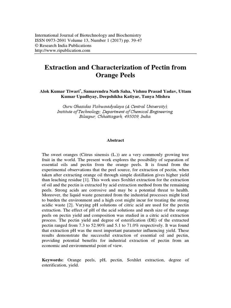 Extraction and Characterization of Pectin From Orange Peels PDF