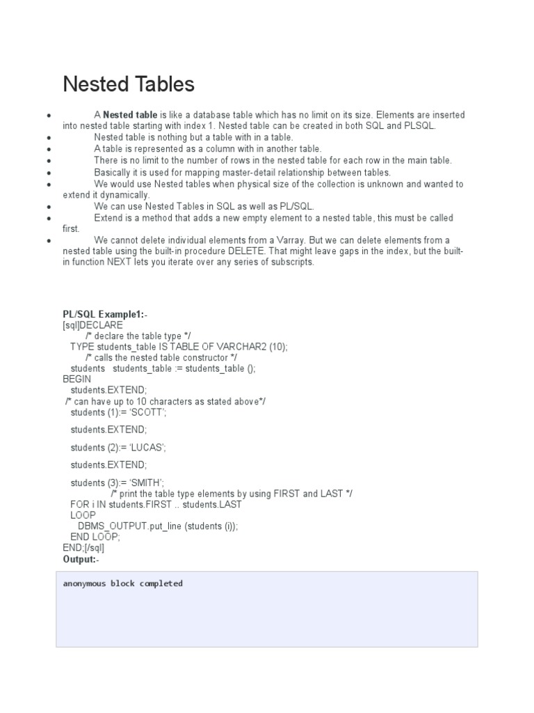 Nested Tables: PL/SQL Example1 | PDF | Pl/Sql | Science And Technology
