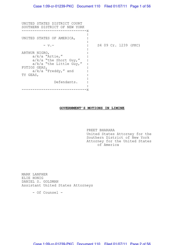 Government's Motions in Limine Fotios Geas Case PDF Racketeer