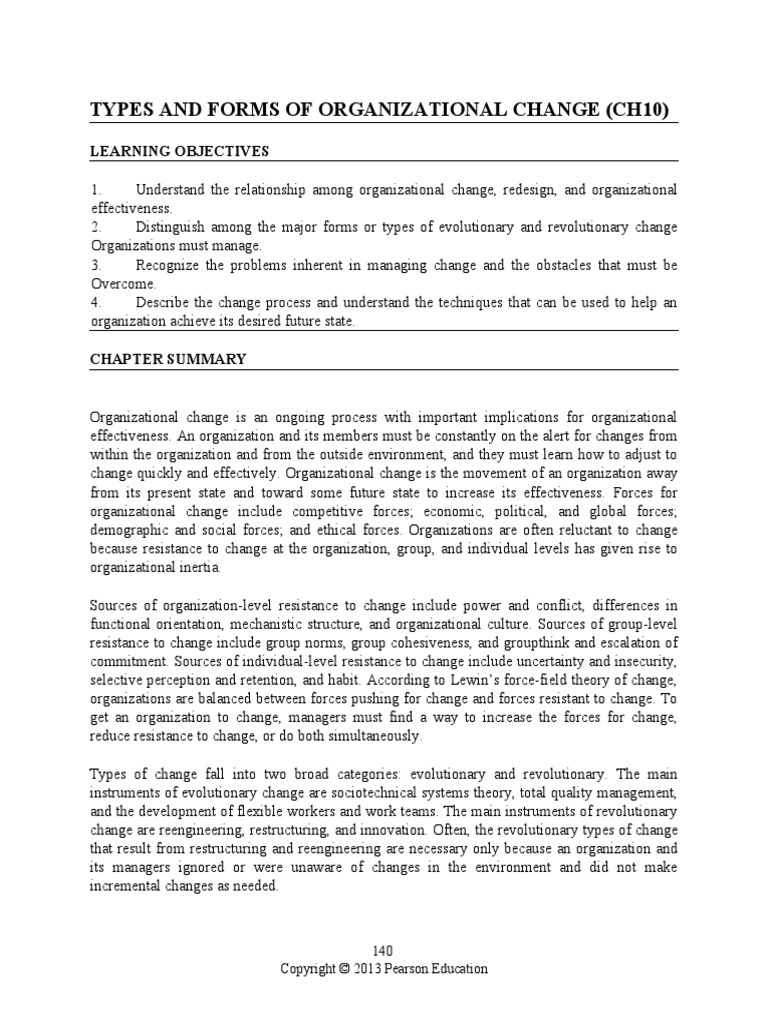 Types and Forms of Organizational Change (Ch10) : Learning Objectives ...