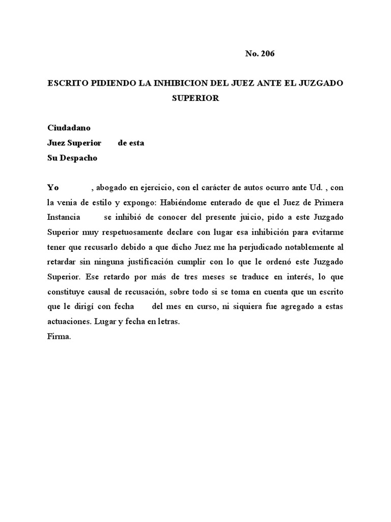 Escrito Pidiendo La Inhibicion Del Juez Ante El Juzgado Superior | PDF