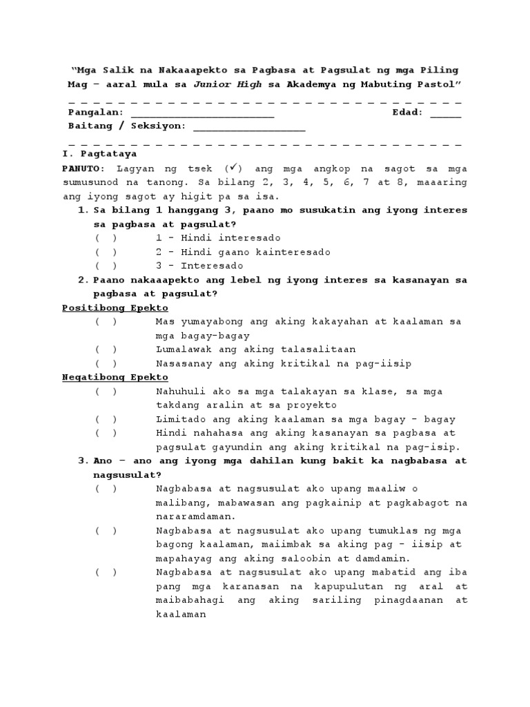 Survey Questionnaire | PDF