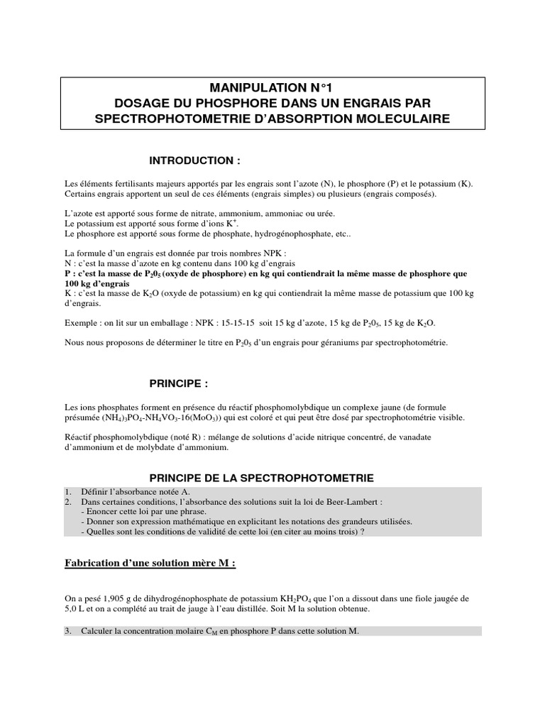 Dosage du phosphore par spectrophotométrie PDF Ammonium Fertilisant — free download