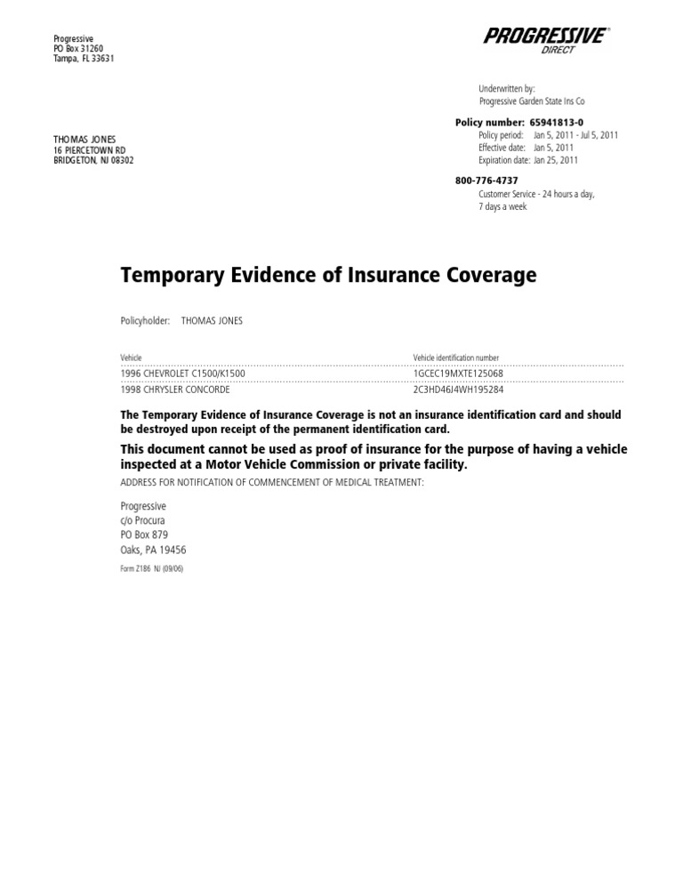 Progressive Temporary Insurance Coverage | PDF | Insurance | Service ...