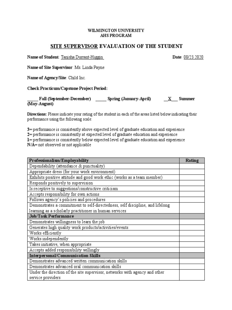 Site Supervisor Evaluation of The Student: Wilmington University Ahs ...
