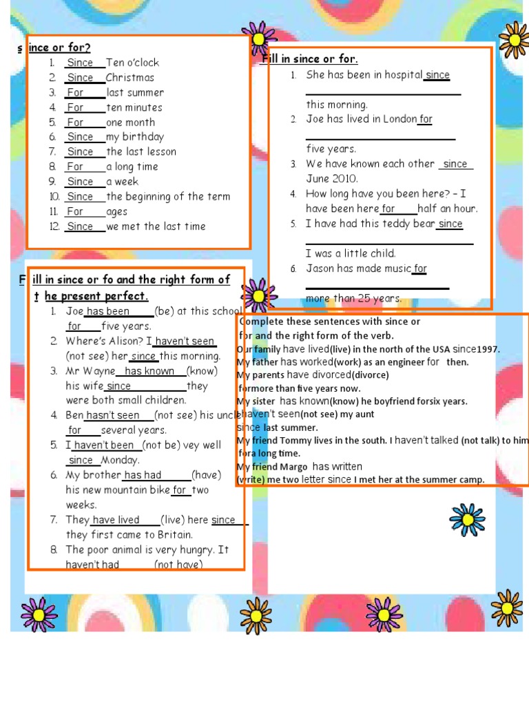Present Perfect With Since And For Pdf
