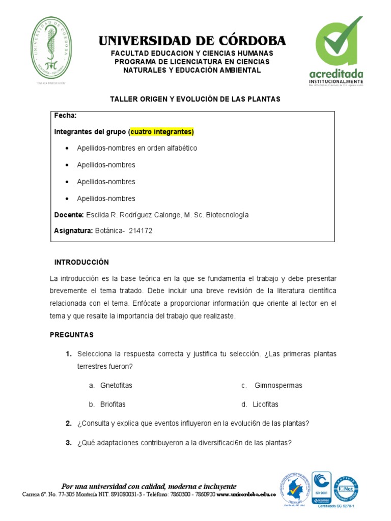 Taller Origen y Evolucion de Las Plantas | PDF | Plantas | Evolución