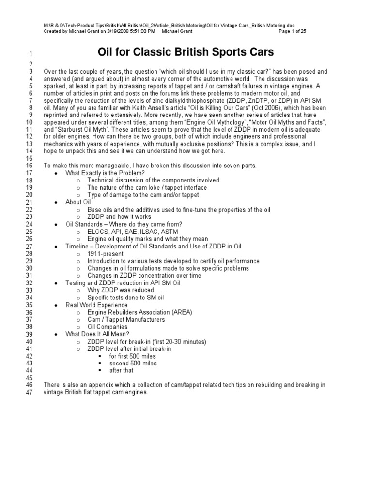 Oil For Vintage Cars PDF Motor Oil Materials