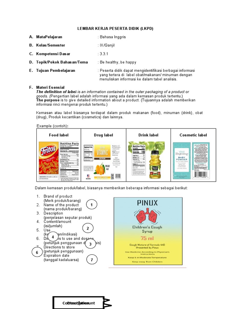 LKPD Label Produk Bahasa Inggris Kelas 9 | PDF