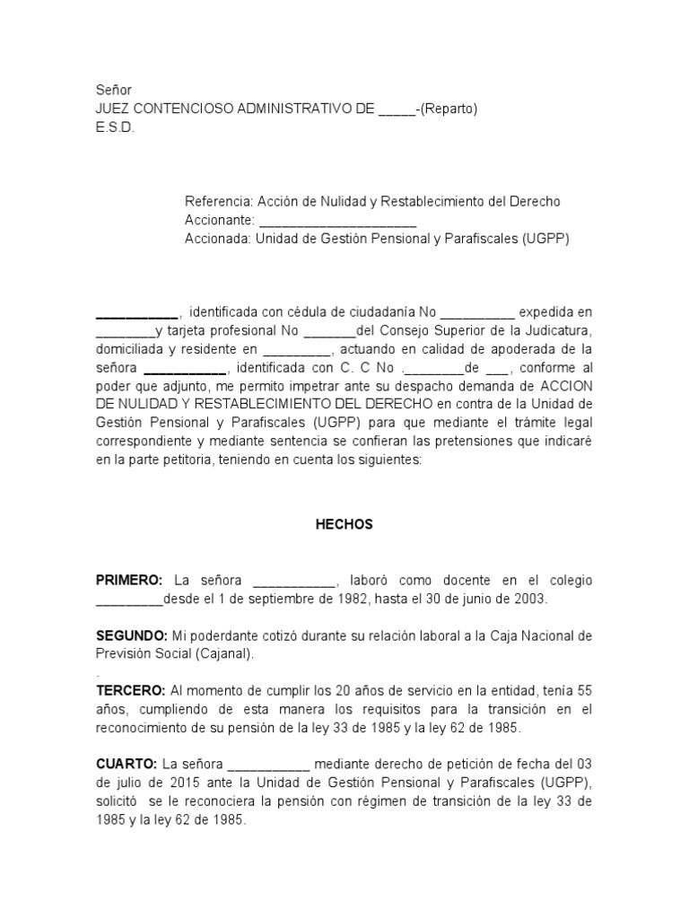 Formato Demanda de Nulidad y Restablecimiento Del Derecho | PDF | Caso de  ley | Pensión