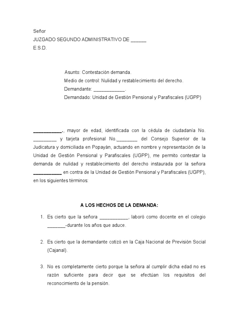 Formato Contestación Demanda de Nulidad y Restablecimiento Del Derecho |  PDF | Demanda judicial | Seguridad Social