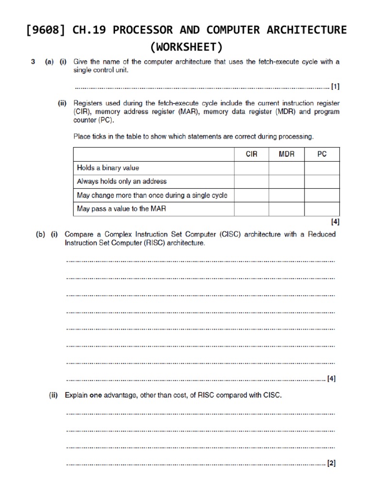 (9608) Ch.19 Processor and Computer Architecture (Worksheet) | PDF