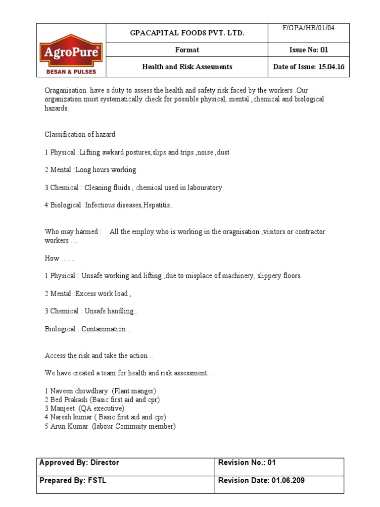 Health and Safety Risk Assessments | PDF | Business | Wellness