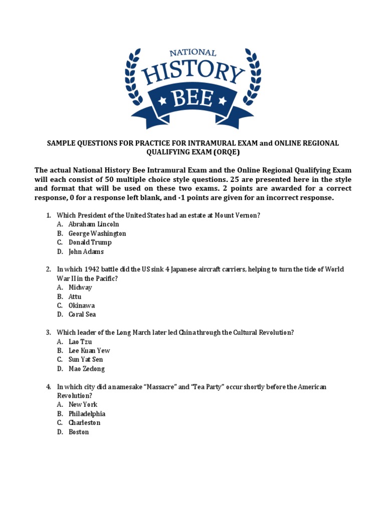 National History Bee Sample Questions For Intramural and Online