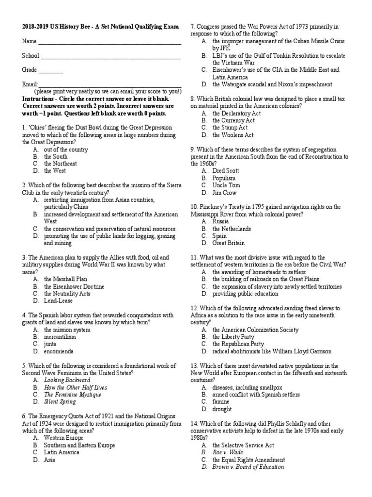 20182019 US History Bee A Set National Qualifying Exam B. Roe v