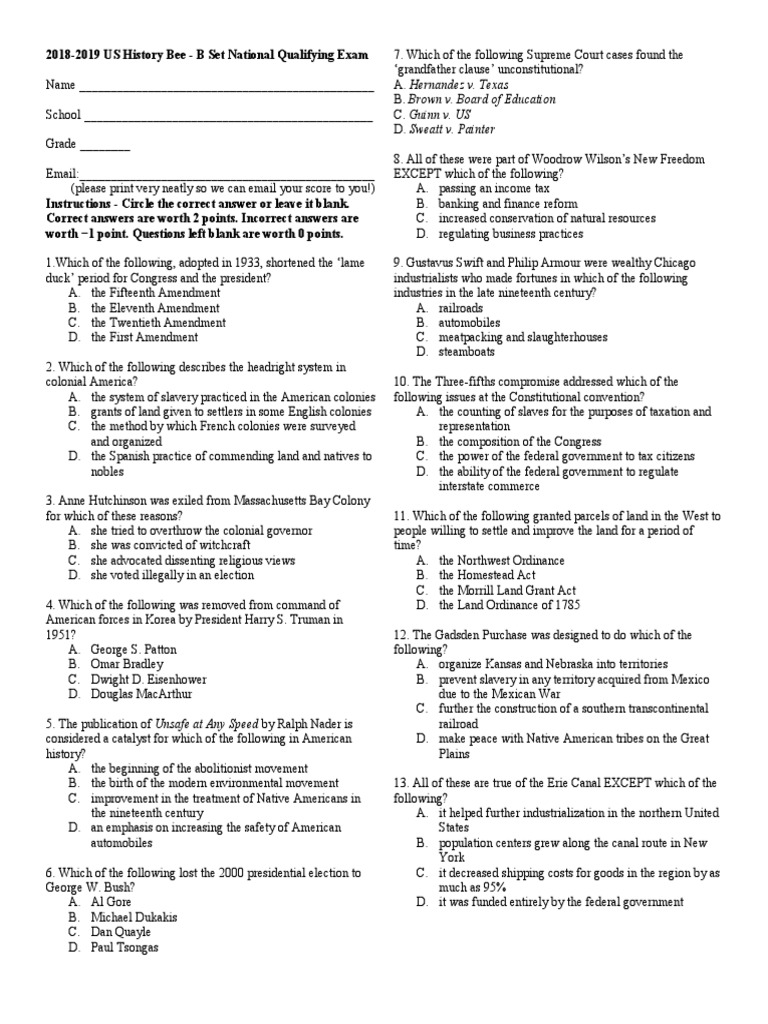 20182019 US History Bee B Set National Qualifying Exam PDF
