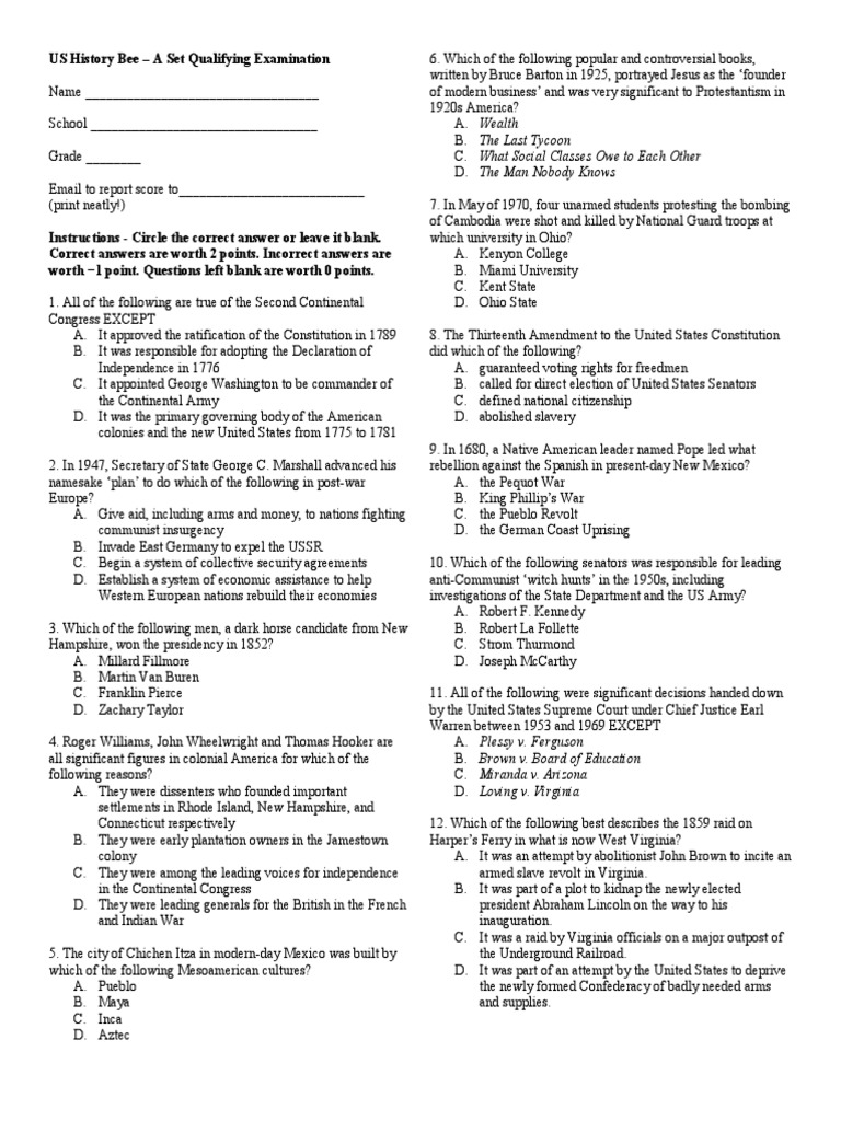 US History Bee A Set Qualifying Examination PDF The United States