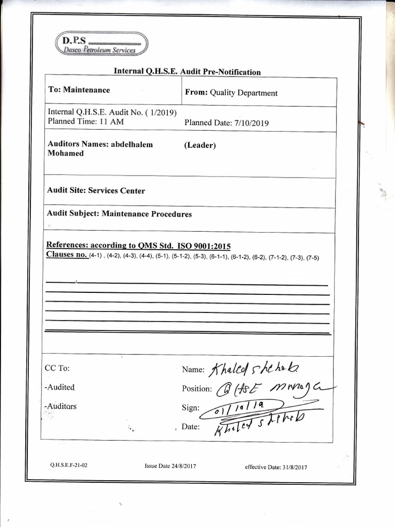 Internal Q.H.S.E. Audit Notification | PDF