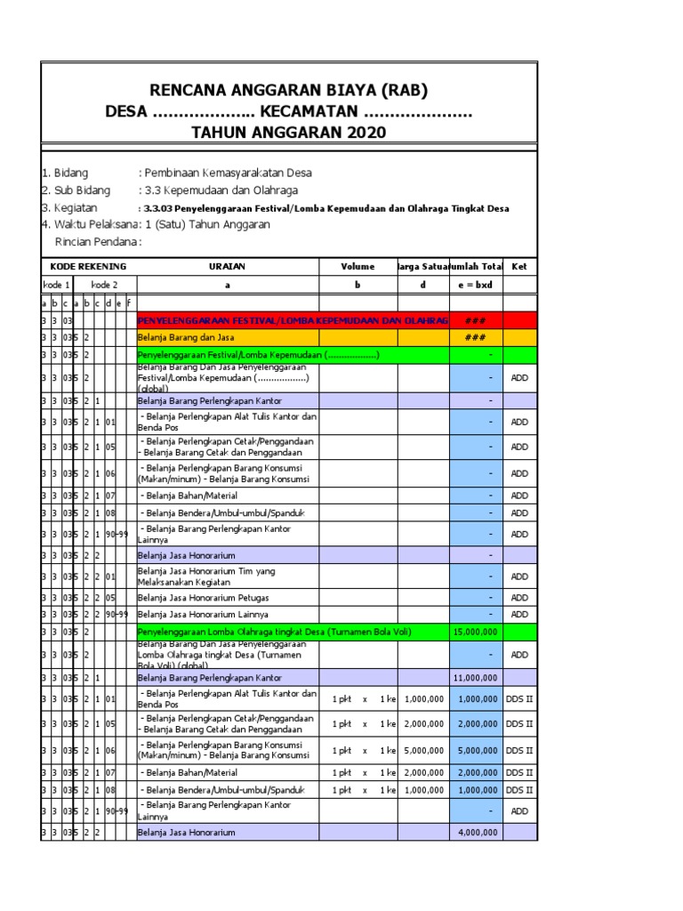 RAB Kegiatan Olahraga Desa 2020 | PDF | Komputer