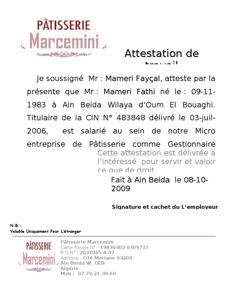Attestation de travail  Travail  Business