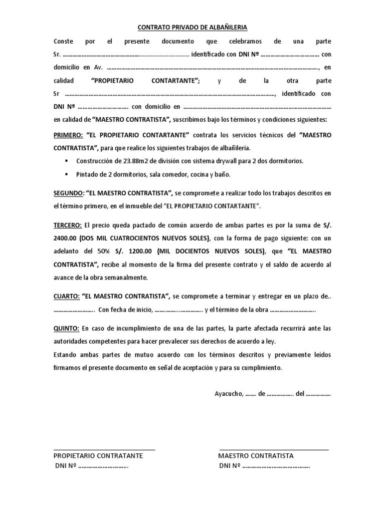 CONTRATO-PRIVADO-DE-ALBANILERIA (Simple) | PDF