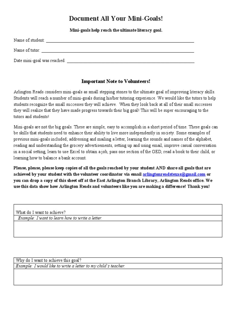 Lesson 3 Mini Goals Handout PDF Literacy Goal