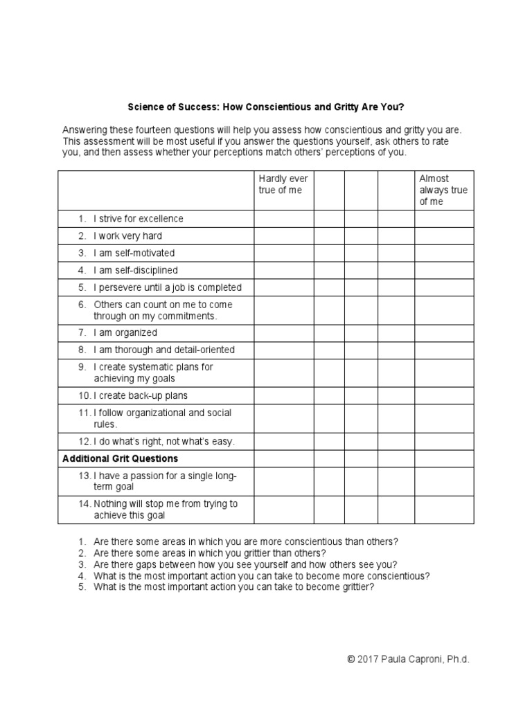 Conscientiousness and Grit Self Assessment | PDF | Self-Improvement
