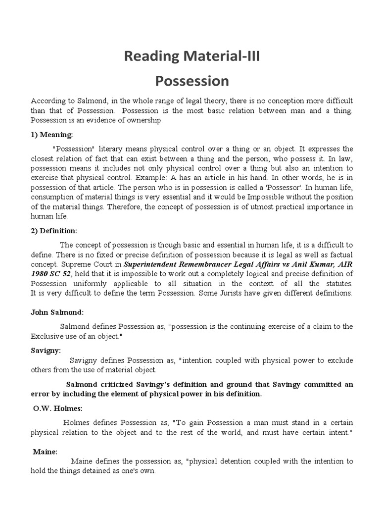 Reading Material-III Possession: 1) Meaning | PDF | Possession (Law ...