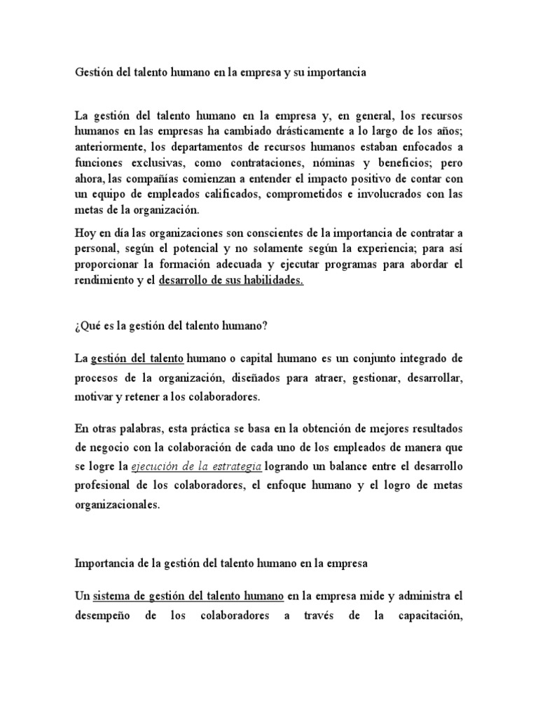 Gestión Del Talento Humano en La Empresa y Su Importancia | PDF