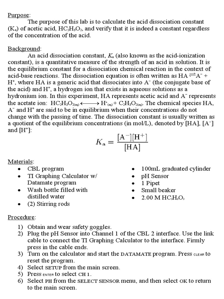 AP Chemistry Acid Dissociation Constant Ka Lab