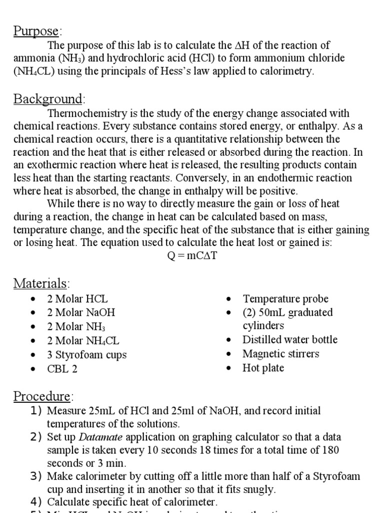 AP Chemistry Hess s Law Lab Branches Of Thermodynamics Chemistry