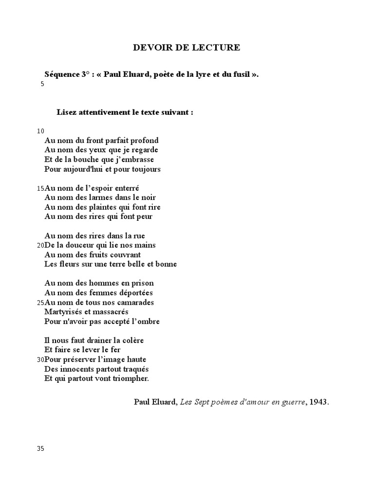 Devoir De Lecture Poesie 3e Pdf