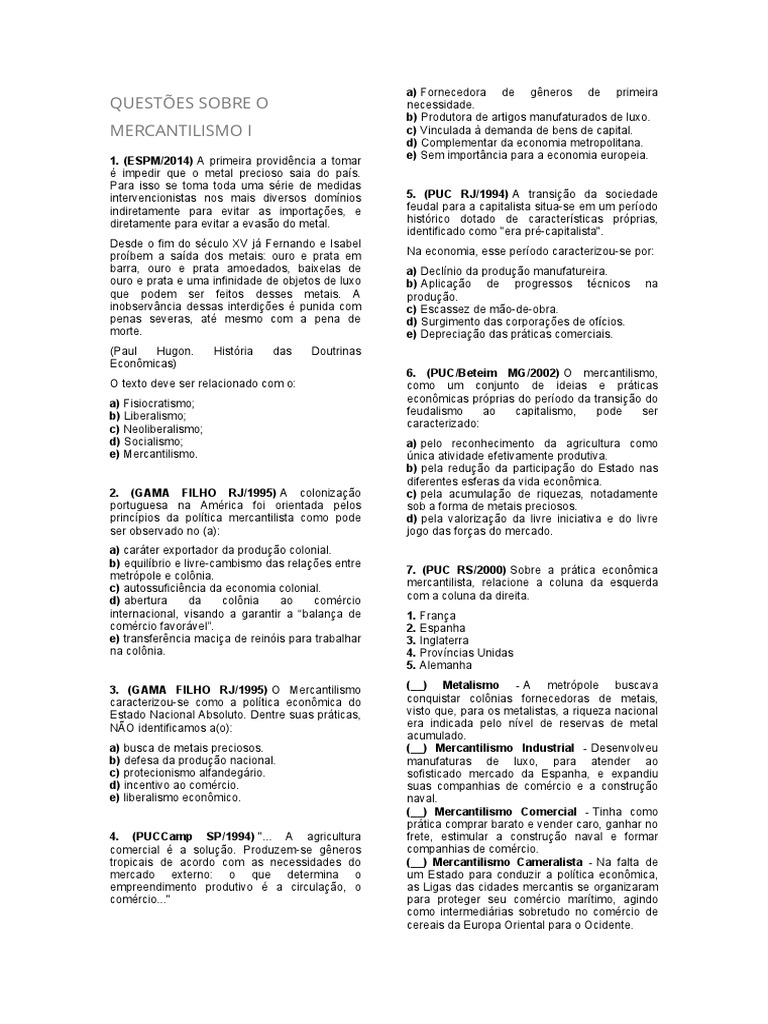 Questões Sobre o Mercantilismo I | PDF | Mercantilismo | Colonialismo