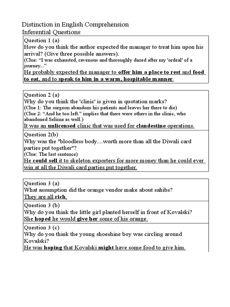 Inferential Questions in English Comprehension | PDF | Philosophy ...