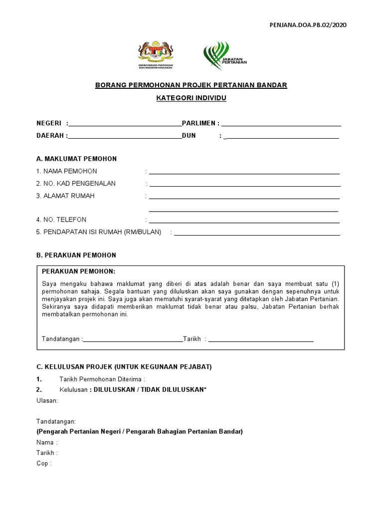 Borang Permohonan Projek Pertanian Bandar Individu Pdf