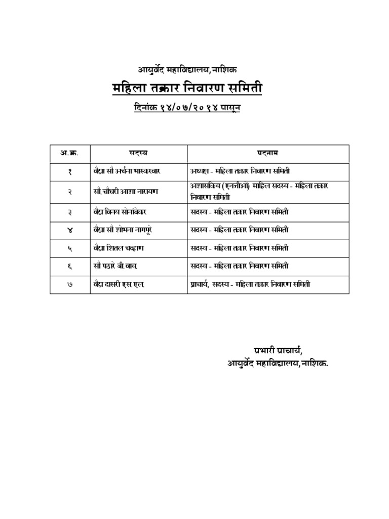 महिला तक्रार निवारण समिती माहिती | PDF