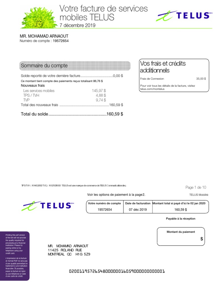 Facture TELUS Mobilité de décembre 2019 | PDF | Paiements | Services ...