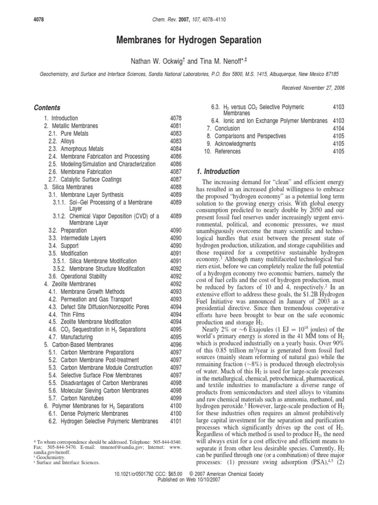 Membranes For Hydrogen Separation 2007 PDF | PDF | Membrane | Hydrogen