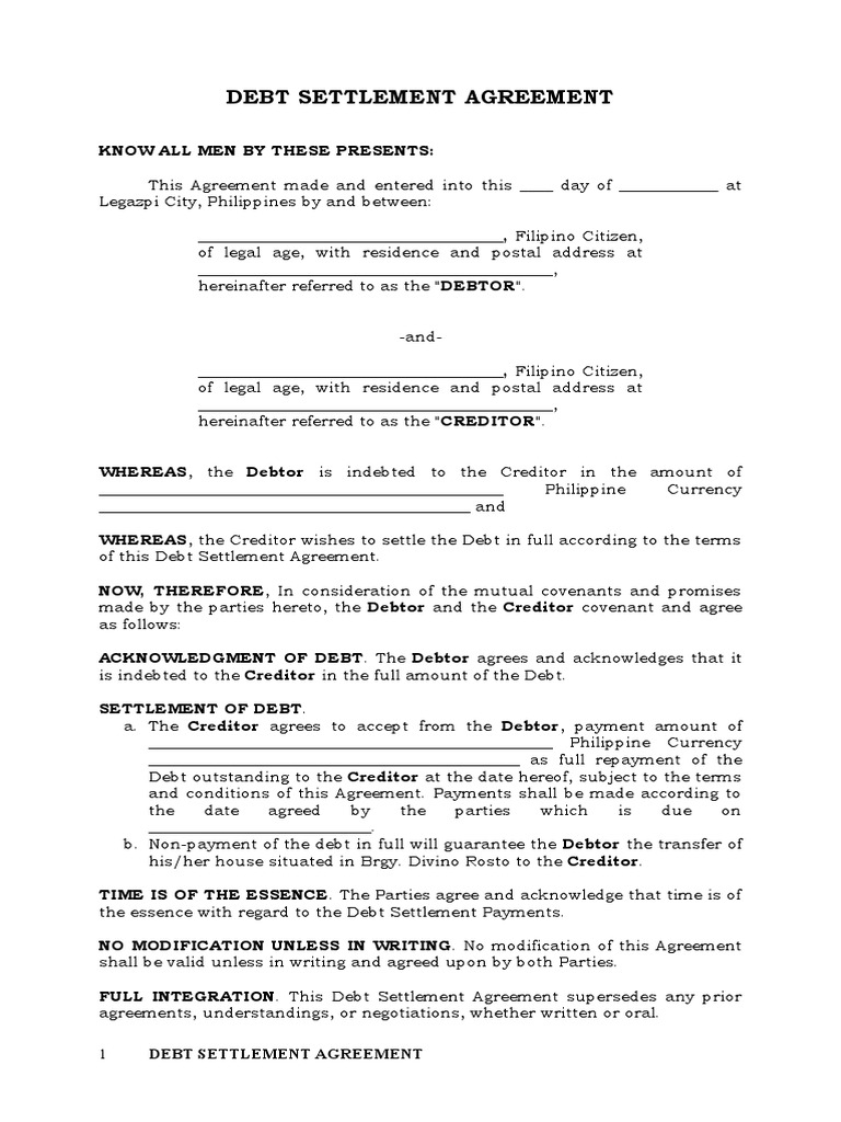 Debt Settlement Agreement Template | PDF | Debtor | Guarantee
