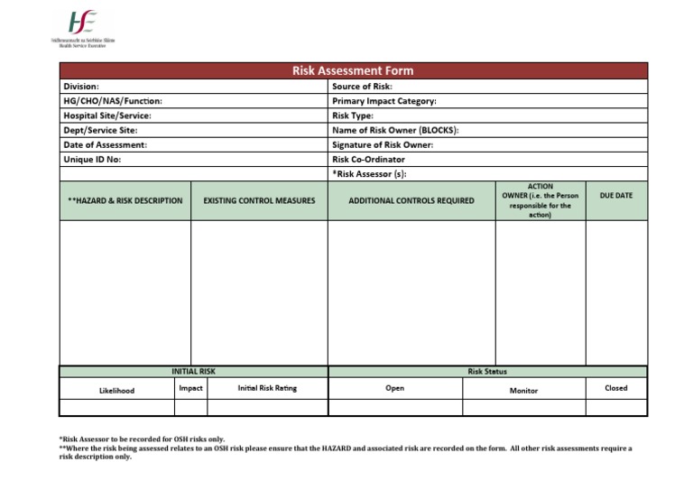Risk Assessment Form: Hazard & Risk Description Existing Control ...