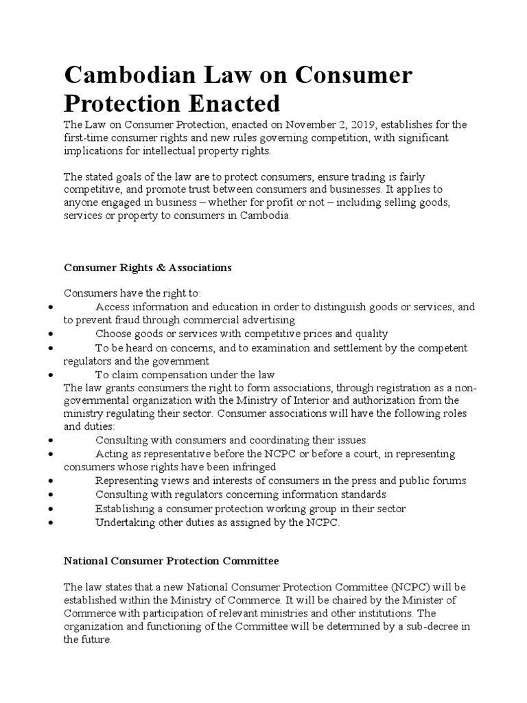 Cambodia's Consumer Protection Law Overview | PDF | Consumer Protection ...