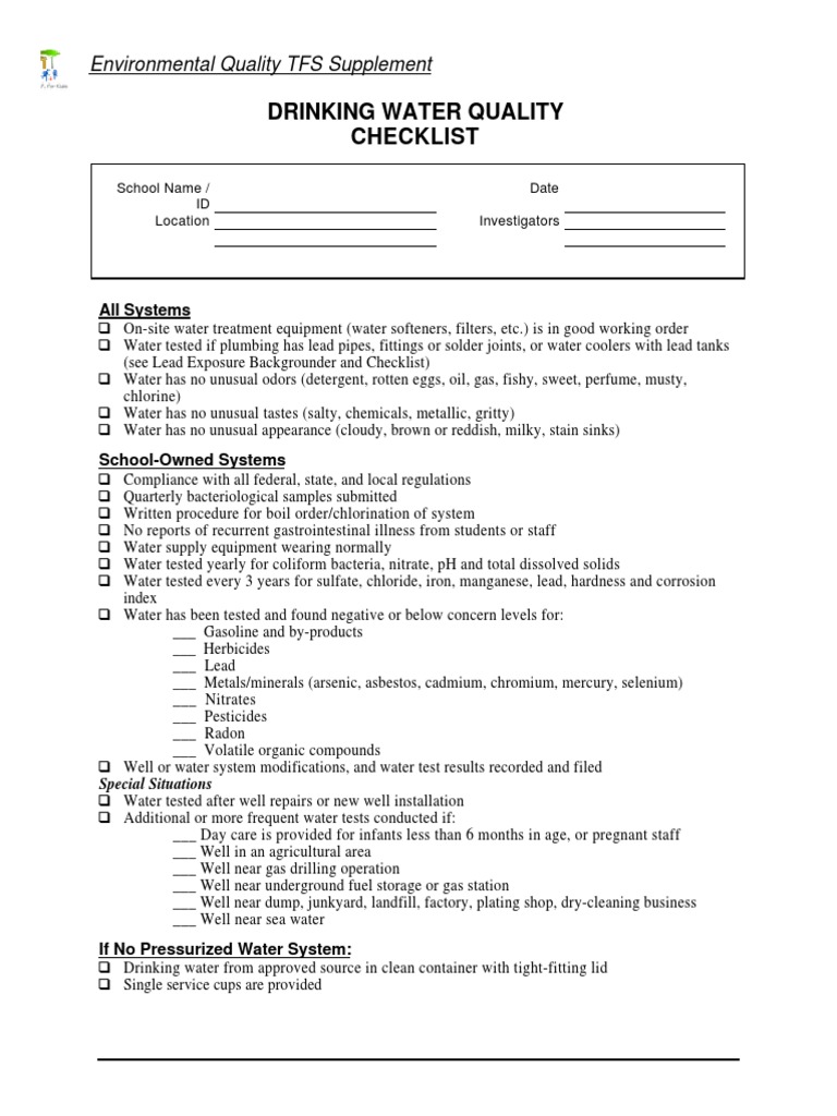 Drinking Water Quality Checklist | PDF | Cooking, Food & Wine | Science ...