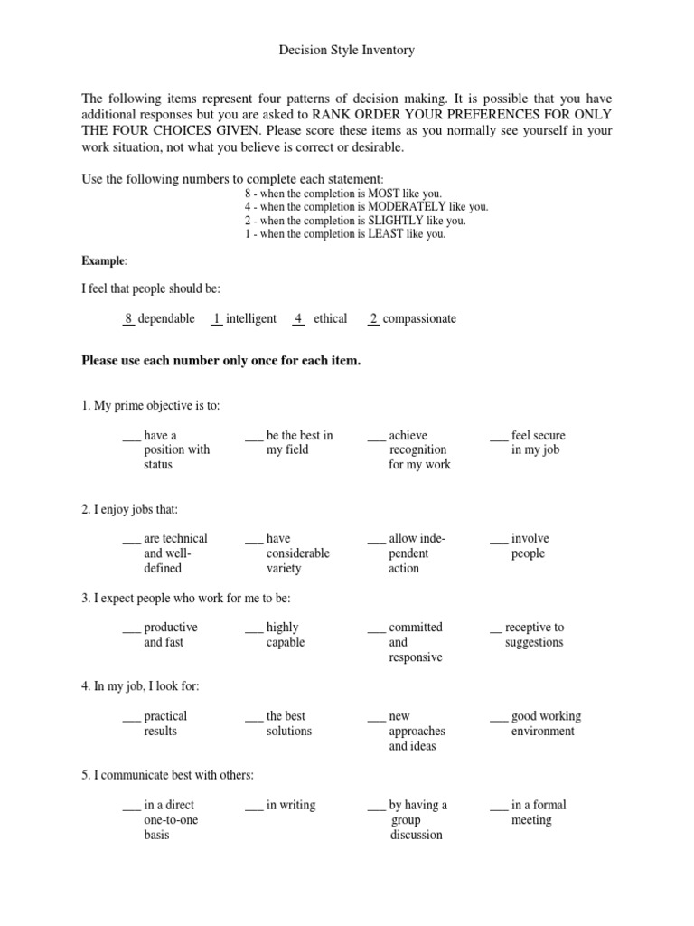Decision Style Inventory Assessment | PDF | Epistemology | Behavioural ...